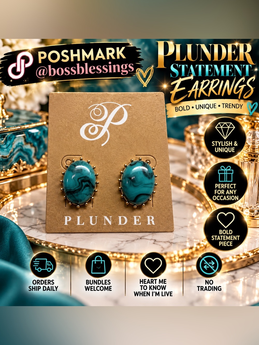 ๐ Plunder Teal Marble Oval Statement Earrings | Gold-Tone Studs